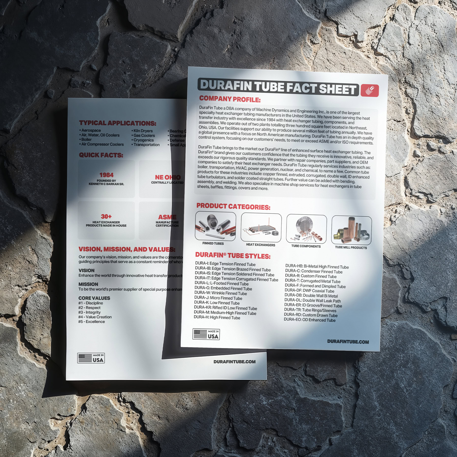 Durafin Tube Fact Sheet on rocky surface, detailed product information and categories.